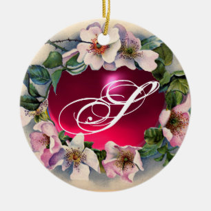 WILD ROSES WITH PINK FUCHSIA GEM STONE MONOGRAM CERAMIC TREE DECORATION