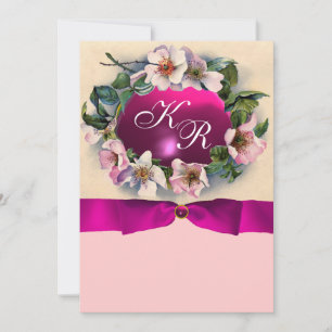 WILD ROSES WITH PINK RIBBON ,MONOGRAM INVITATION