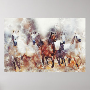 Wild running horses digital manipulation painting poster