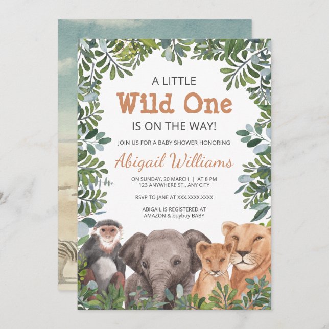 Wild Safari Animal - Monkey , Elephant Baby Shower Invitation (Front/Back)