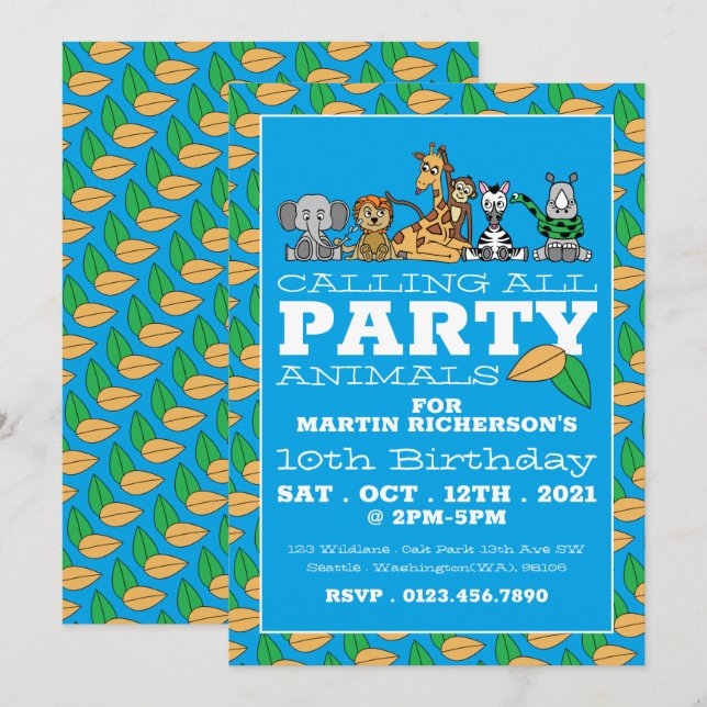 Wild Safari Animals, Children's Birthday Party Invitation (Front/Back)