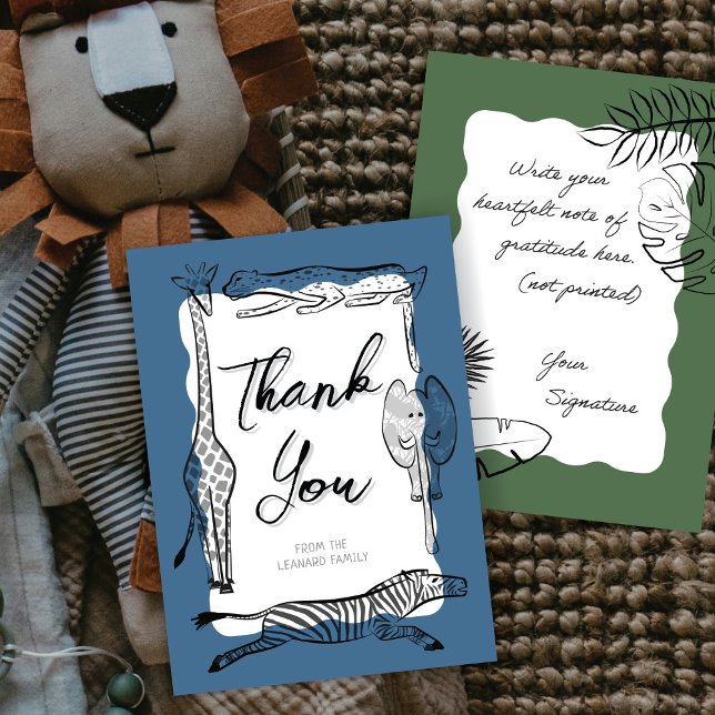 Wild Safari Animals Frame Denim Blue Thank You Card (Creator Uploaded)