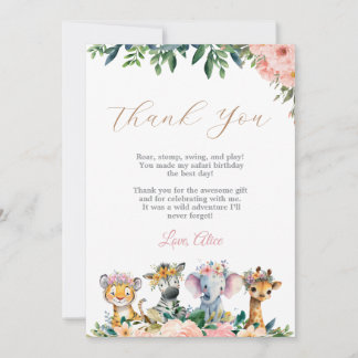 Wild Safari Animals Girl First Birthday Thank You Card