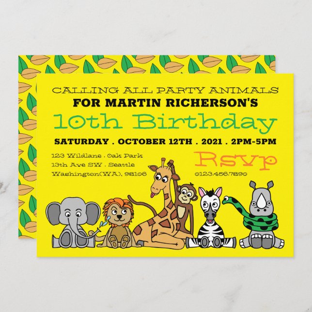 Wild Safari Animals, Kid's Birthday Party Invitation (Front/Back)