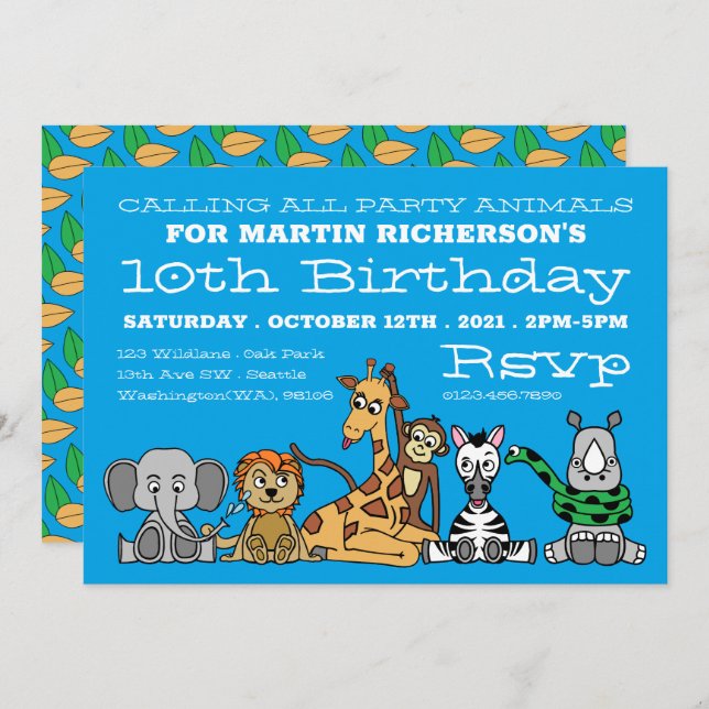 Wild Safari Animals, Kid's Birthday Party Invitation (Front/Back)