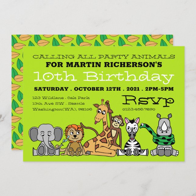 Wild Safari Animals, Kid's Birthday Party Invitation (Front/Back)