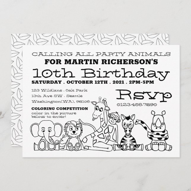Wild Safari Animals, Kid's Colouring Birthday Part Invitation (Front/Back)