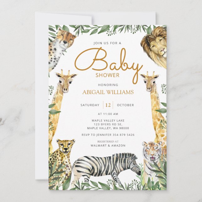 Wild Safari Animals with Giraffe Baby Shower Invitation (Front)