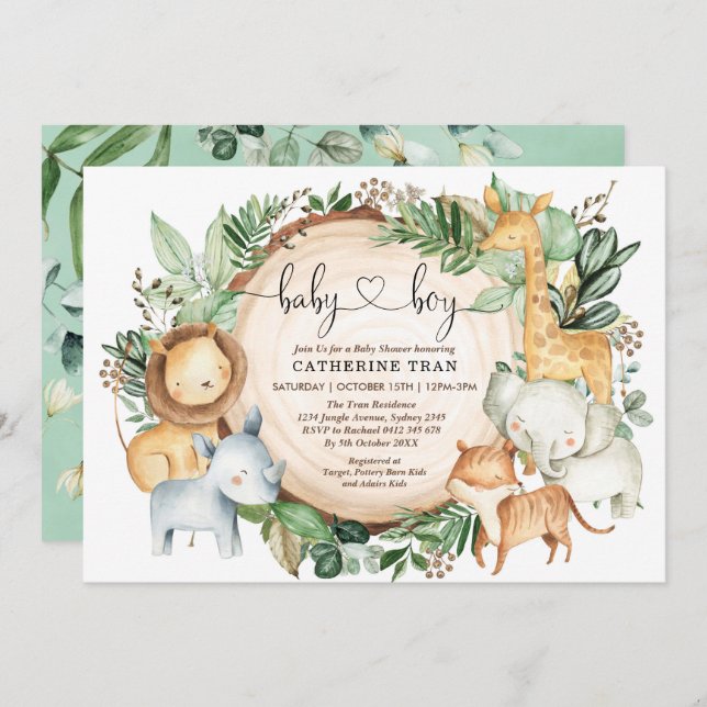 Wild Safari Greenery Jungle Boy Baby Shower Invitation (Front/Back)