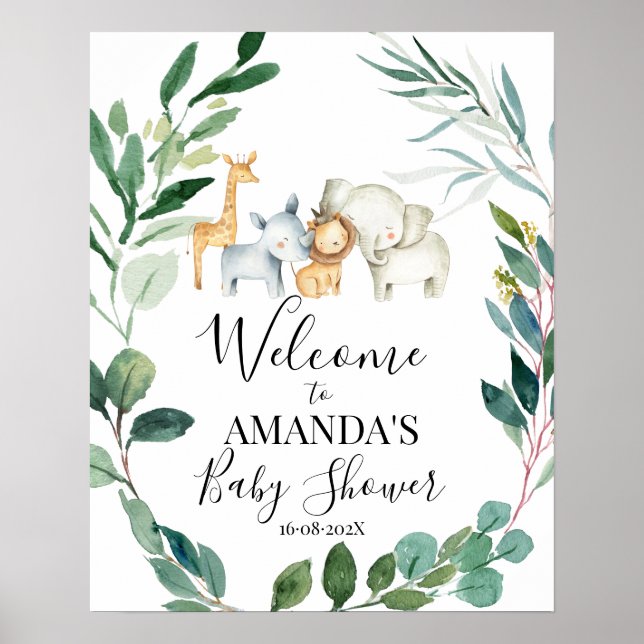 Wild Safari Greenery Wreath Baby Shower Welcome Poster (Front)