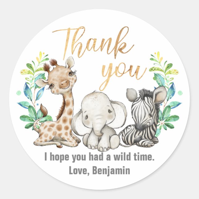 Wild Safari Jungle Party Animals Thank You Classic Round Sticker (Front)