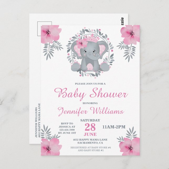 Wild Safari Pink Floral Elephant Baby Shower Invit Postcard (Front/Back)