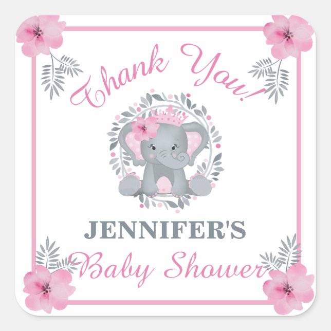 Wild Safari Pink Floral Elephant Baby Shower  Square Sticker (Front)