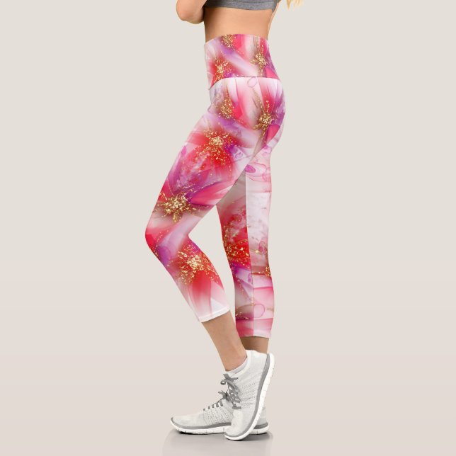 Wild Scarlet Crimson Floral Alcohol Ink Capri Leggings (Left)