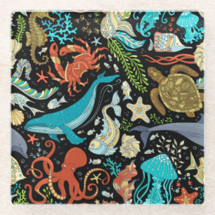 Wild sea life: colourful vintage. glass coaster