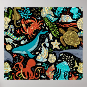Wild sea life: colourful vintage. poster
