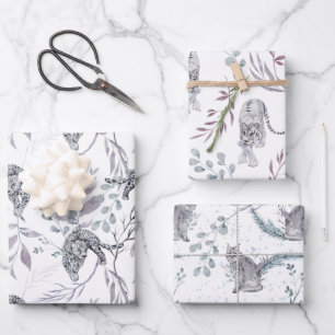 Wild Snow Cats with Winter Botanicals Wrapping Paper Sheet