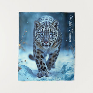 Wild snow leopard walking frost enchanted forest tapestry