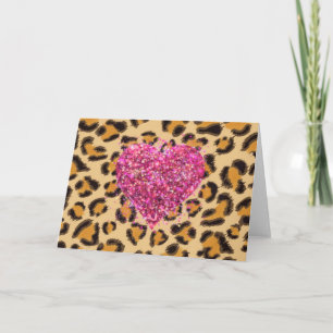 Wild sparkling pink Hearts and Leopard print Card