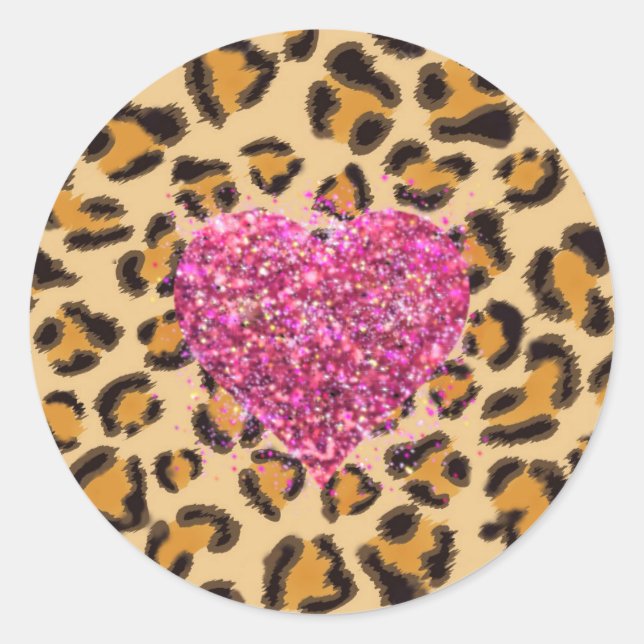 Wild sparkling pink Hearts and Leopard print Classic Round Sticker (Front)