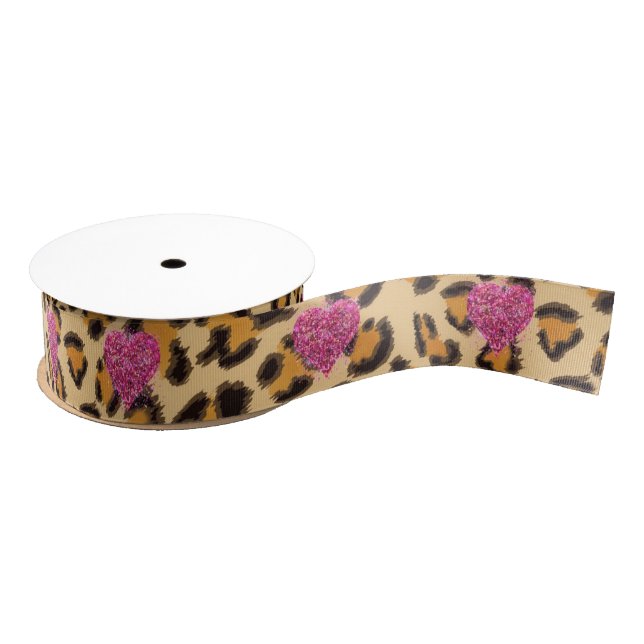Wild sparkling pink Hearts and Leopard print Grosgrain Ribbon (Spool)