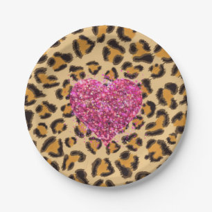 Wild sparkling pink Hearts and Leopard print Paper Plate