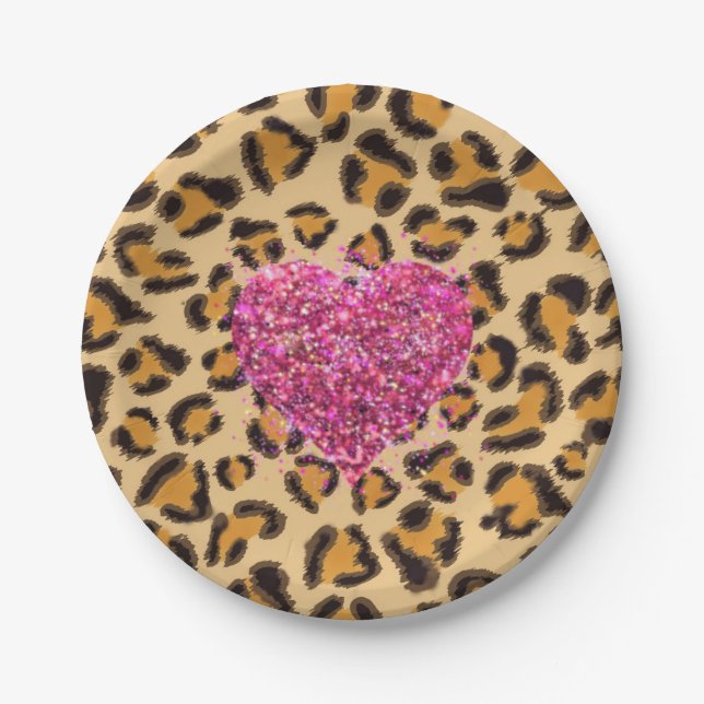 Wild sparkling pink Hearts and Leopard print Paper Plate (Front)