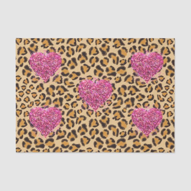 Wild sparkling pink Hearts and Leopard print Tissue Paper (Front)
