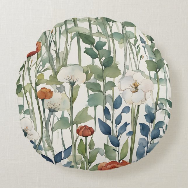 Wild Spring Flowers Watercolor Art  Round Cushion (Front)