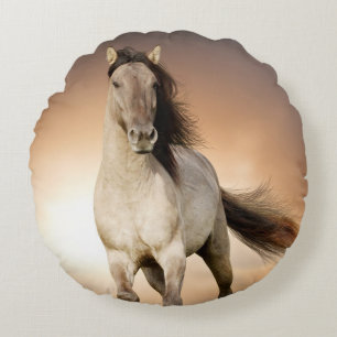 Wild Stallion Running In Sunset Round Cushion