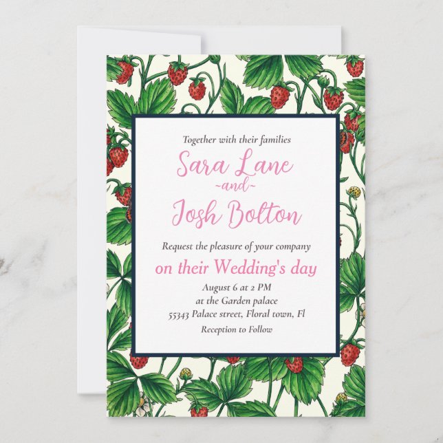 Wild strawberries on off white invitation (Front)
