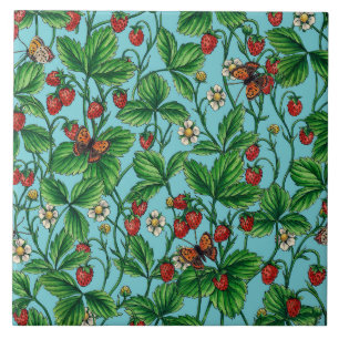 Wild strawberries on pool blue ceramic tile