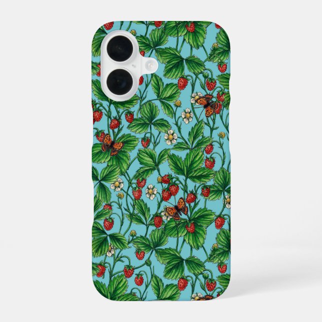 Wild strawberries on pool blue iPhone 16 case (Back)