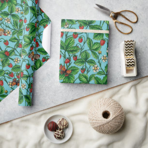 Wild strawberries on pool blue wrapping paper