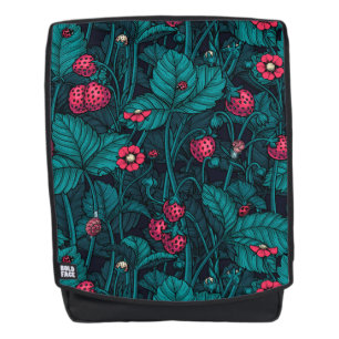 Wild strawberries, red and blue backpack