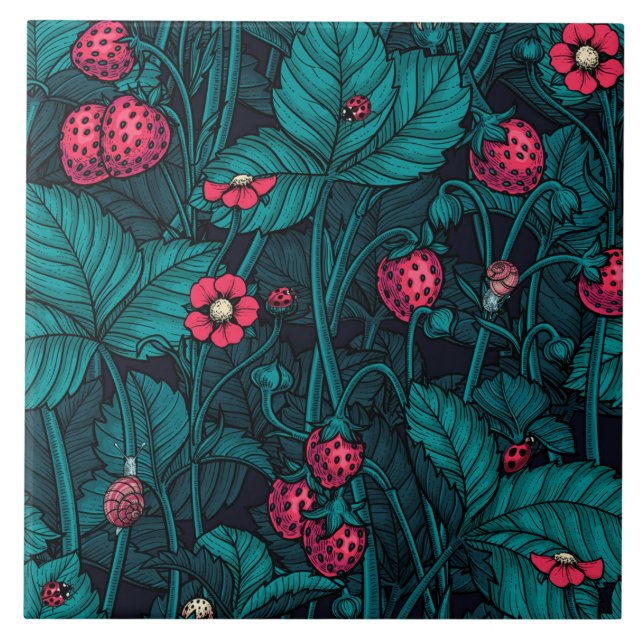 Wild strawberries, red and blue ceramic tile (Front)