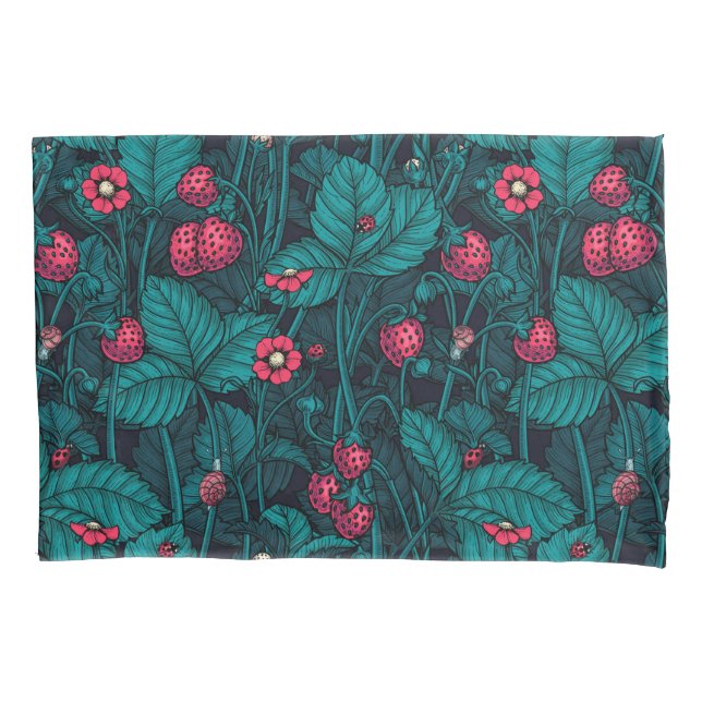 Wild strawberries, red and blue pillowcase (Front-Left)