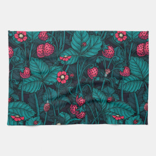 Wild strawberries, red and blue tea towel