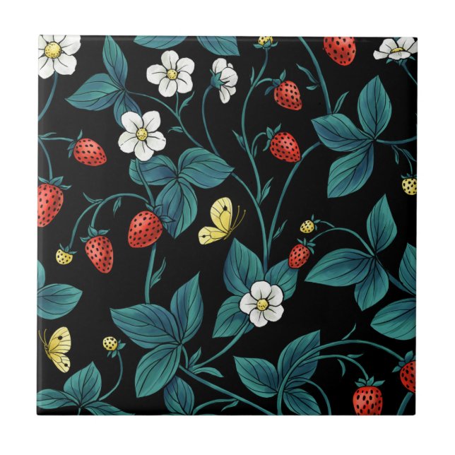 Wild strawberries red/yellow/blue/black ceramic tile (Front)