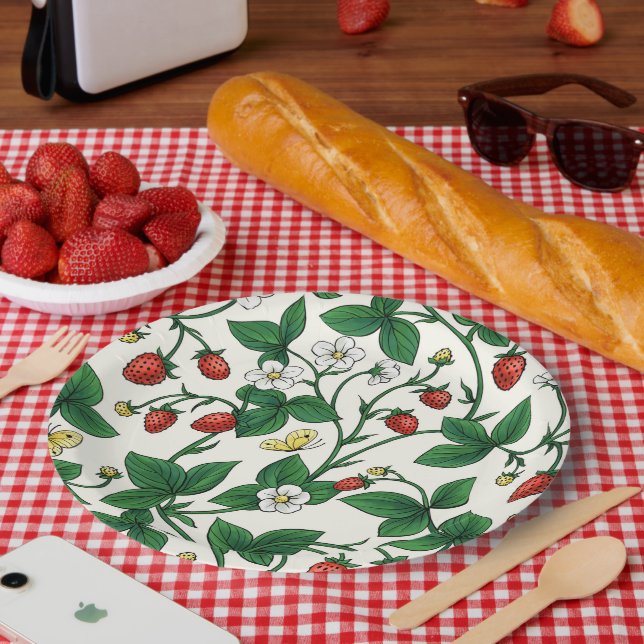 Wild strawberries red/yellow/green/off white paper plate (Picnic)