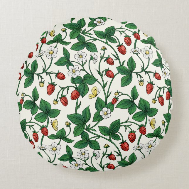 Wild strawberries red/yellow/green/off white round cushion (Front)