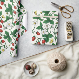 Wild strawberries red/yellow/green/off white wrapping paper