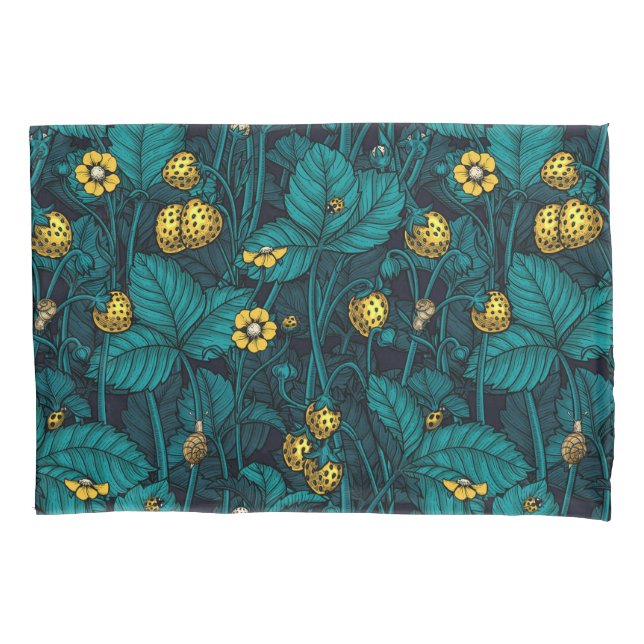 Wild strawberries, yellow and blue pillowcase (Front-Left)