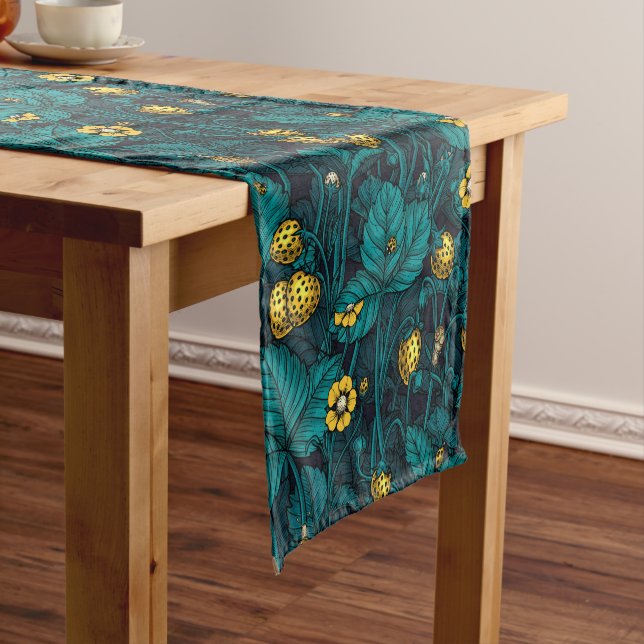 Wild strawberries, yellow and blue short table runner (In Situ)