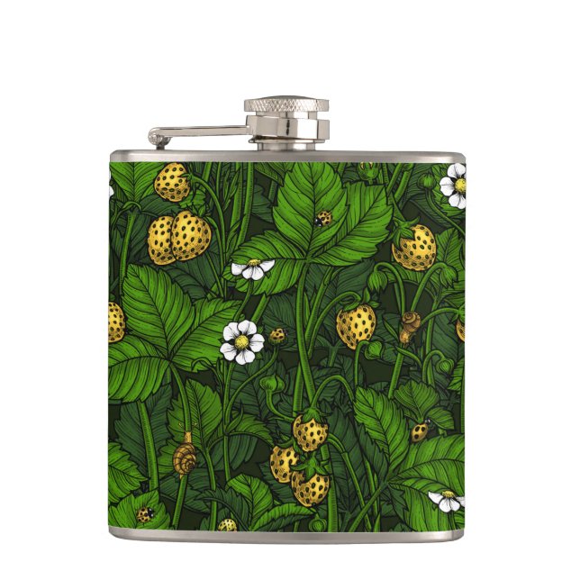 Wild strawberries, yellow and green hip flask (Front)