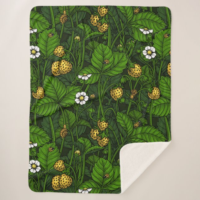 Wild strawberries, yellow and green sherpa blanket (Front)