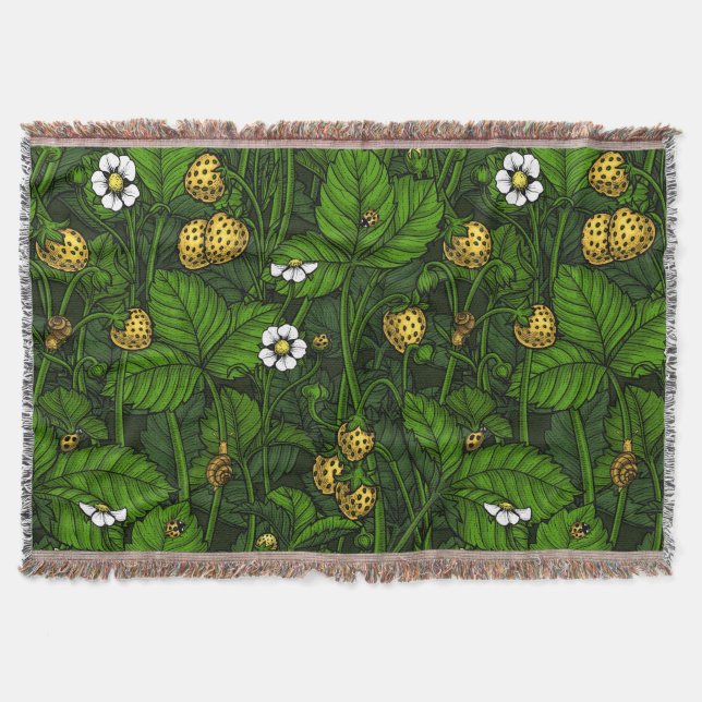 Wild strawberries, yellow and green throw blanket (Front)