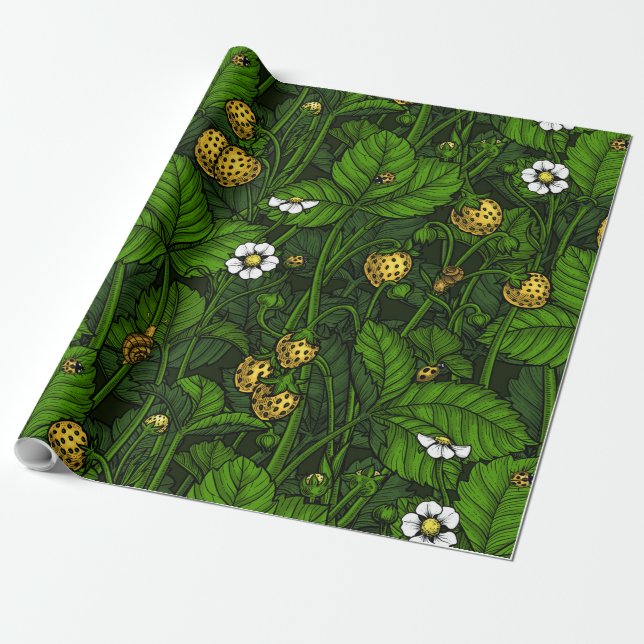 Wild strawberries, yellow and green wrapping paper (Unrolled)