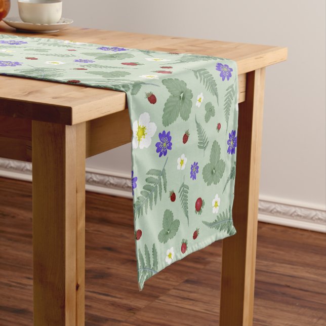 Wild Strawberry & Fern | Soft Sage Green Short Table Runner (In Situ)
