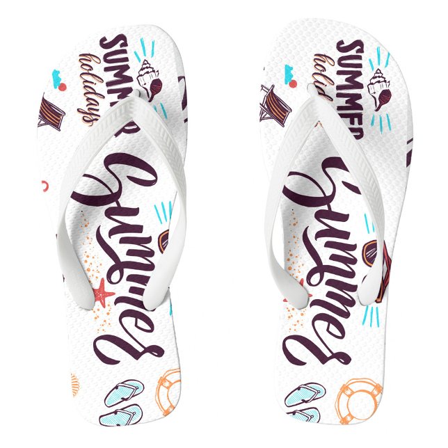Wild Summer Thongs ("Summer" in a stylized, cursive font, along with various beach-related icons such as seashells.)